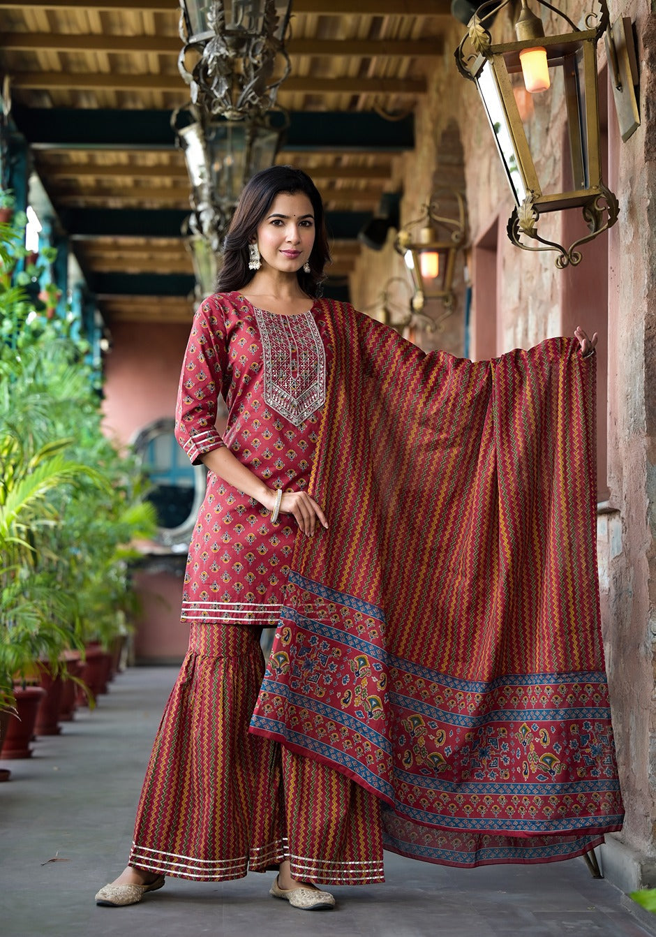 Rust-Cotton-Floral-Sequins-Work-Sharara-Set