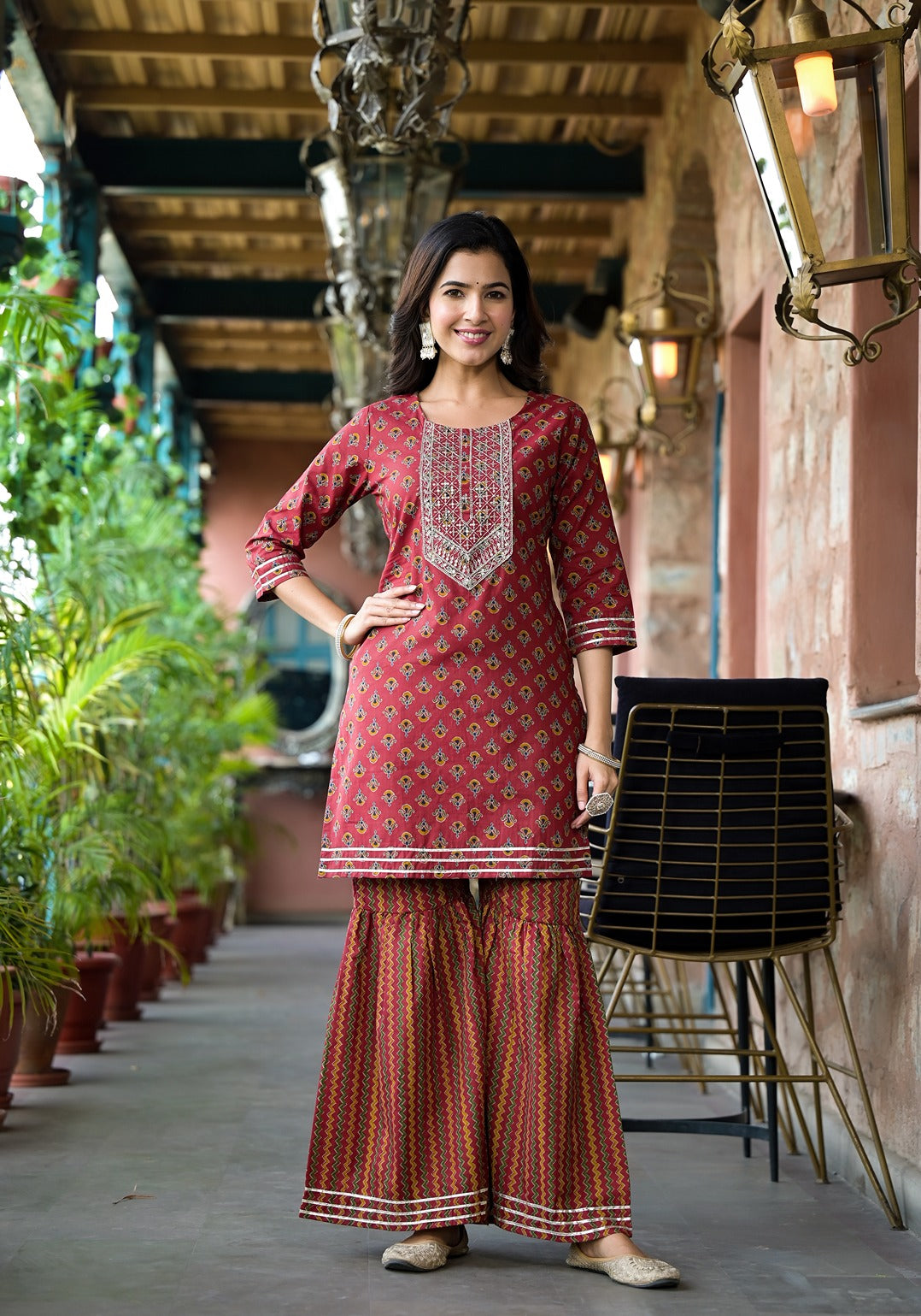 Rust-Cotton-Floral-Sequins-Work-Sharara-Set