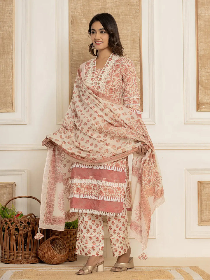 Rust-Cotton-Floral-Print-Tassel-Work-3-Piece-Kurta-Set