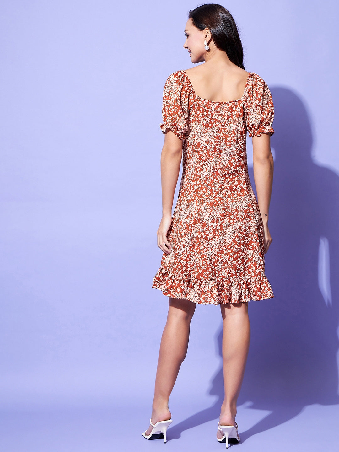 Rust-Polyester-Crepe-Sweetheart-Neck-Floral-Short-Dress