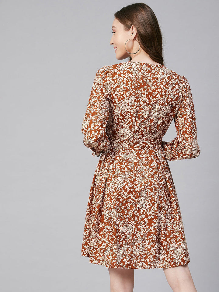 Rust-Polyester-Floral-Pintuck-Dress