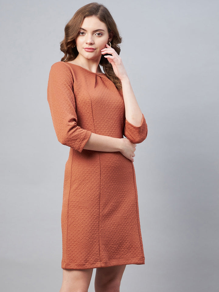 Rust-Polyester-Jacquard-Self-Design-Dress