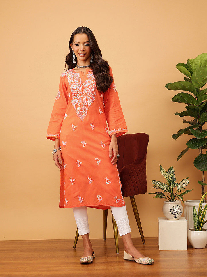 Rust & White Sustainable Cotton Chikankari Kurta