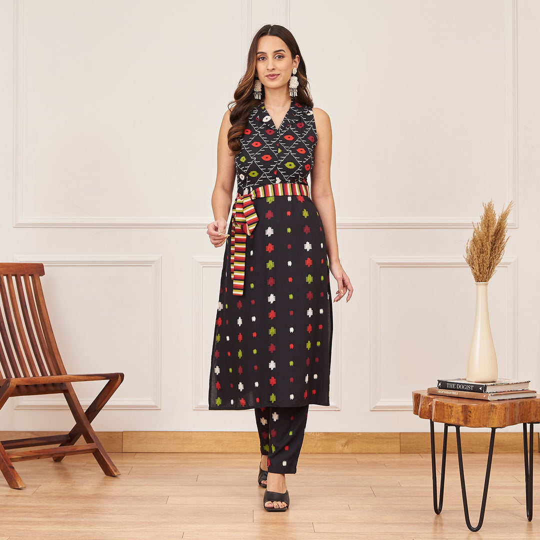 Black Rayon Ikat Inspired Kurta Pant Set with Belt