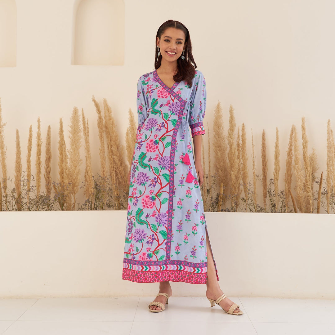 Lilac Angrakha Dress in Multicolor Botanical Prints