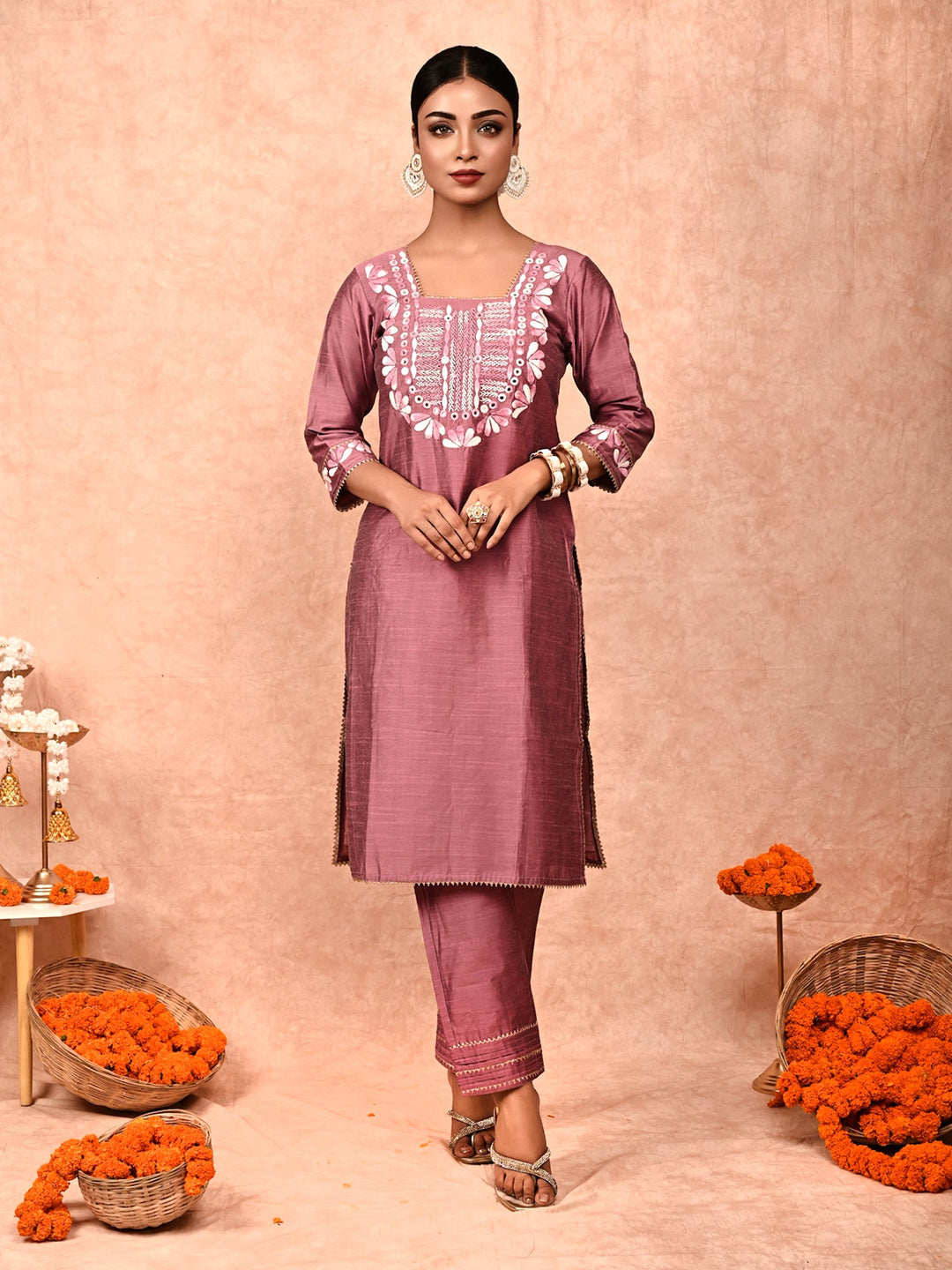 ZERESOUQ-Rustic-Rose-Soha-Cotton-Silk-Kurta-Set-(Set-Of-2)