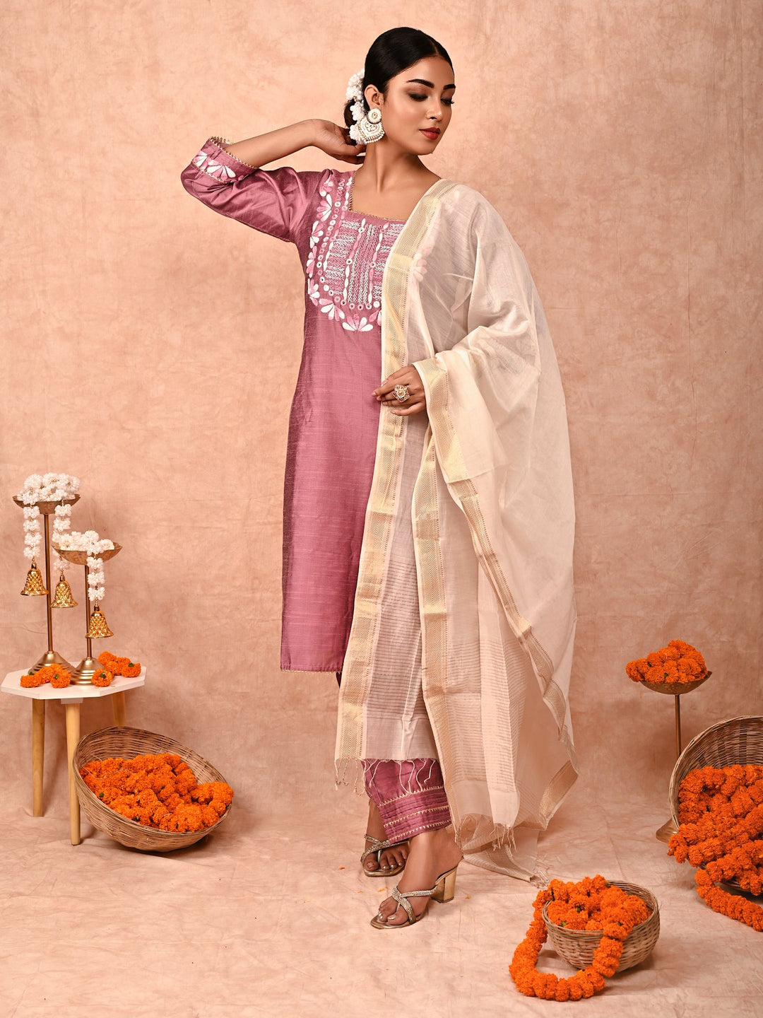 ZERESOUQ-Rustic-Rose-Soha-Cotton-Silk-Kurta-Set-(Set-Of-3)