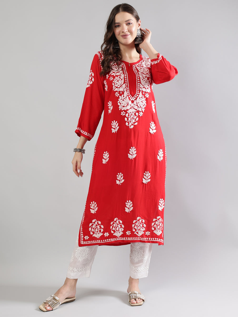 Red-Rayon-Chikankari-Embroidered-Kurta