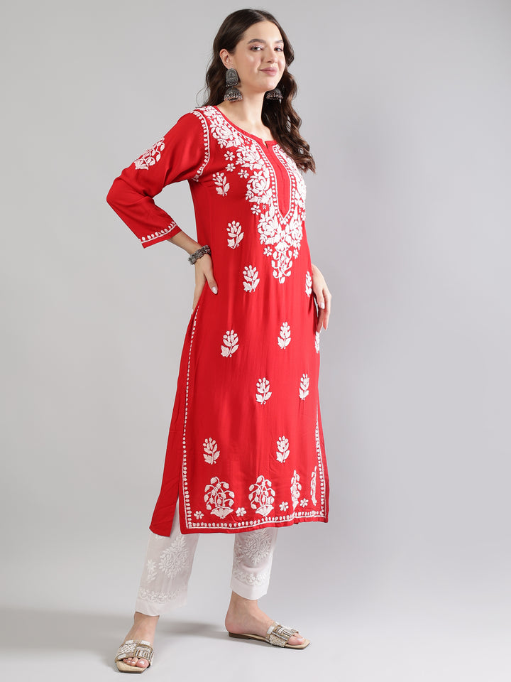 Red-Rayon-Chikankari-Embroidered-Kurta