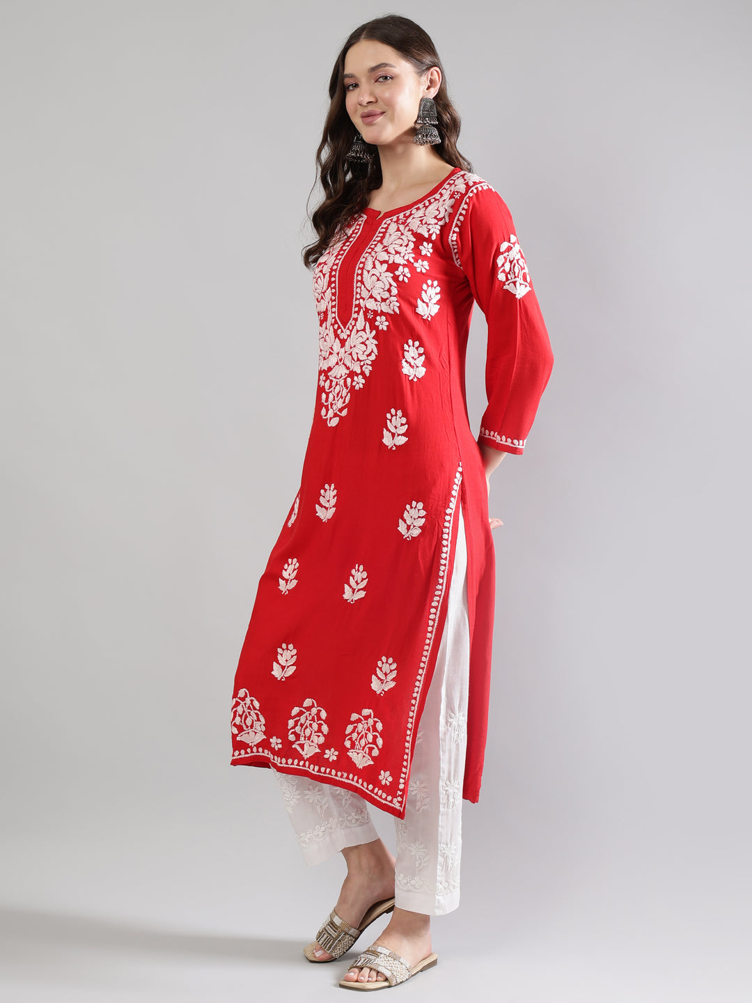 Red-Rayon-Chikankari-Embroidered-Kurta
