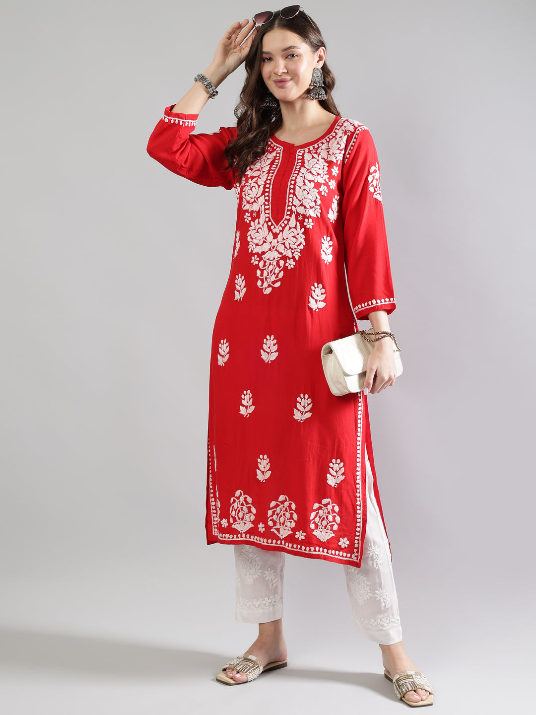 Red-Rayon-Chikankari-Embroidered-Kurta