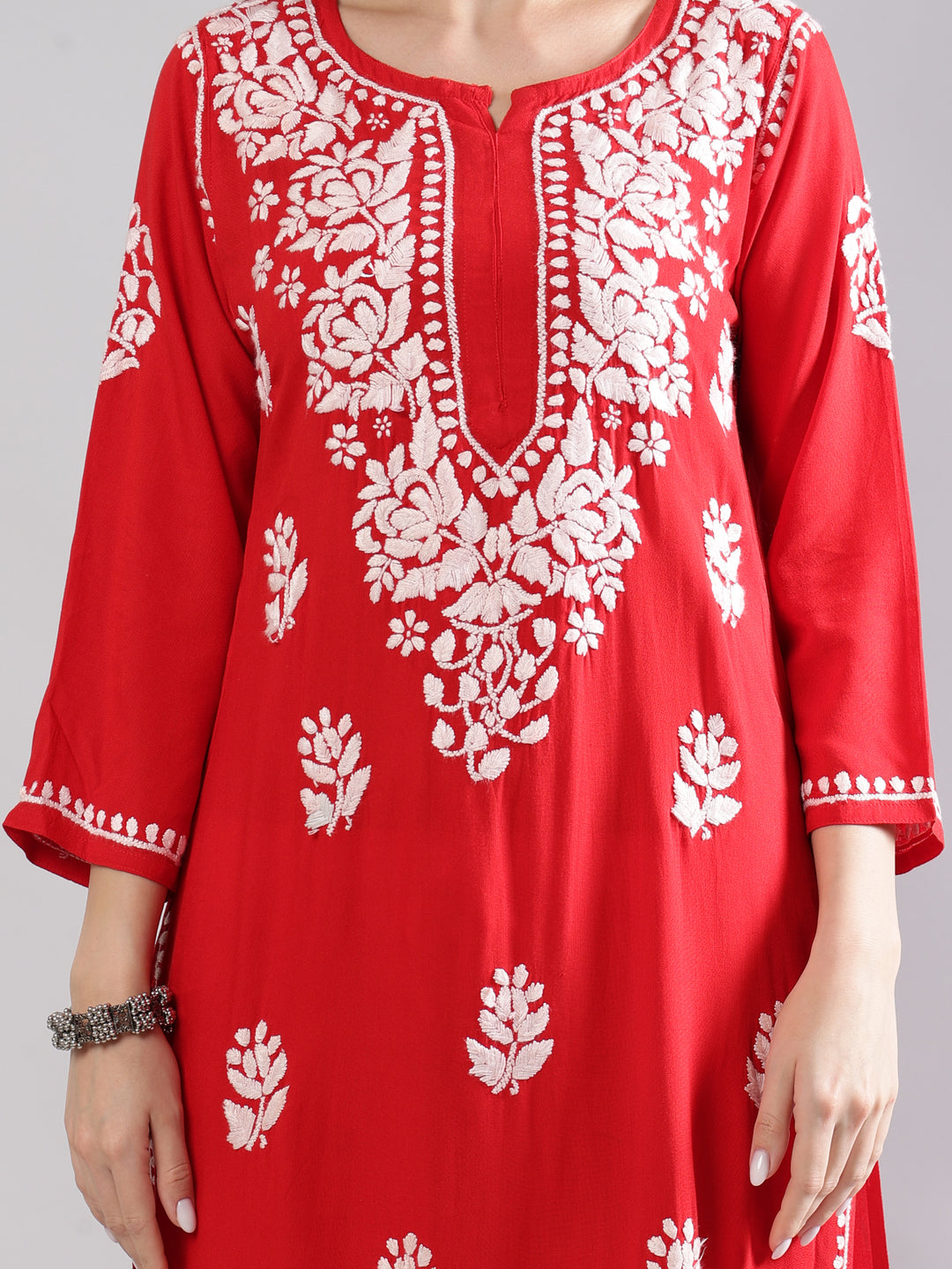 Red-Rayon-Chikankari-Embroidered-Kurta