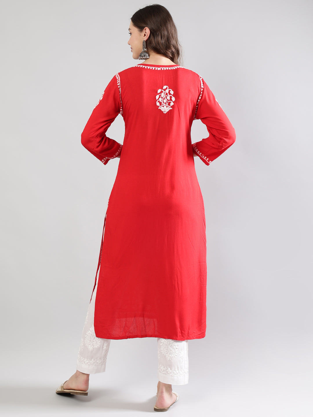 Red-Rayon-Chikankari-Embroidered-Kurta