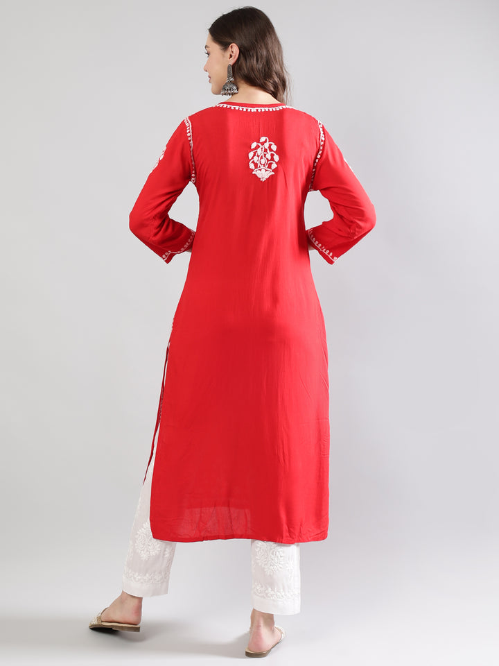 Red-Rayon-Chikankari-Embroidered-Kurta