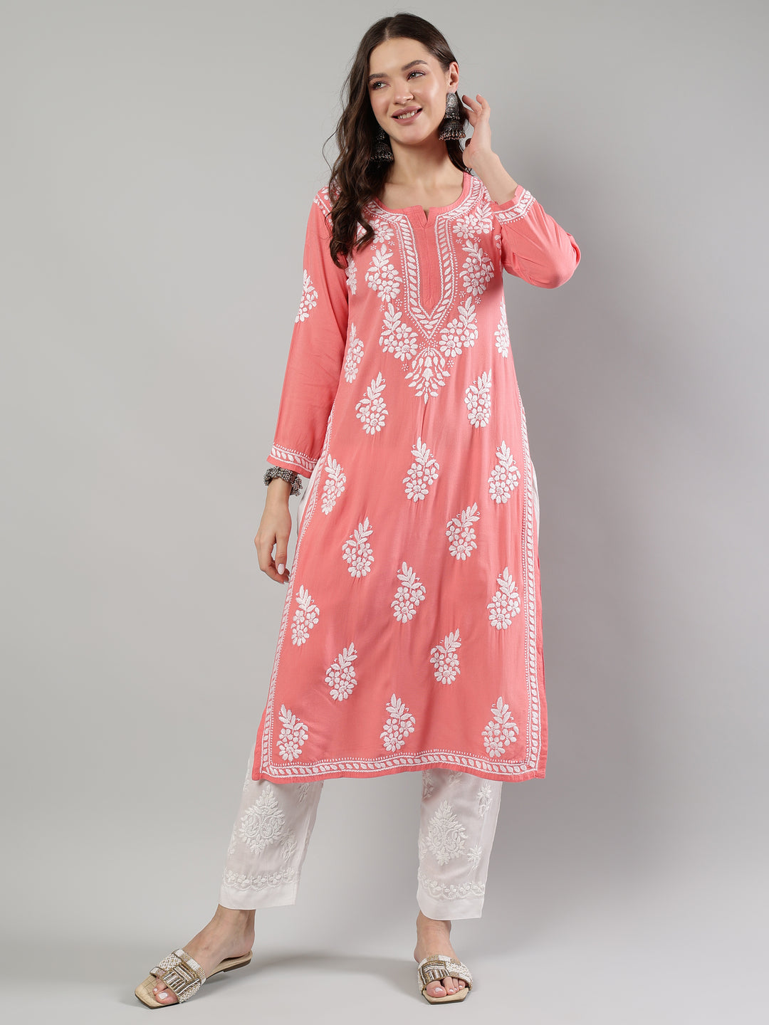 Peach-Rayon-Embroidered-Kurta