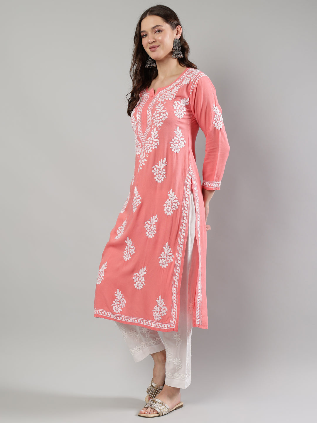 Peach-Rayon-Embroidered-Kurta