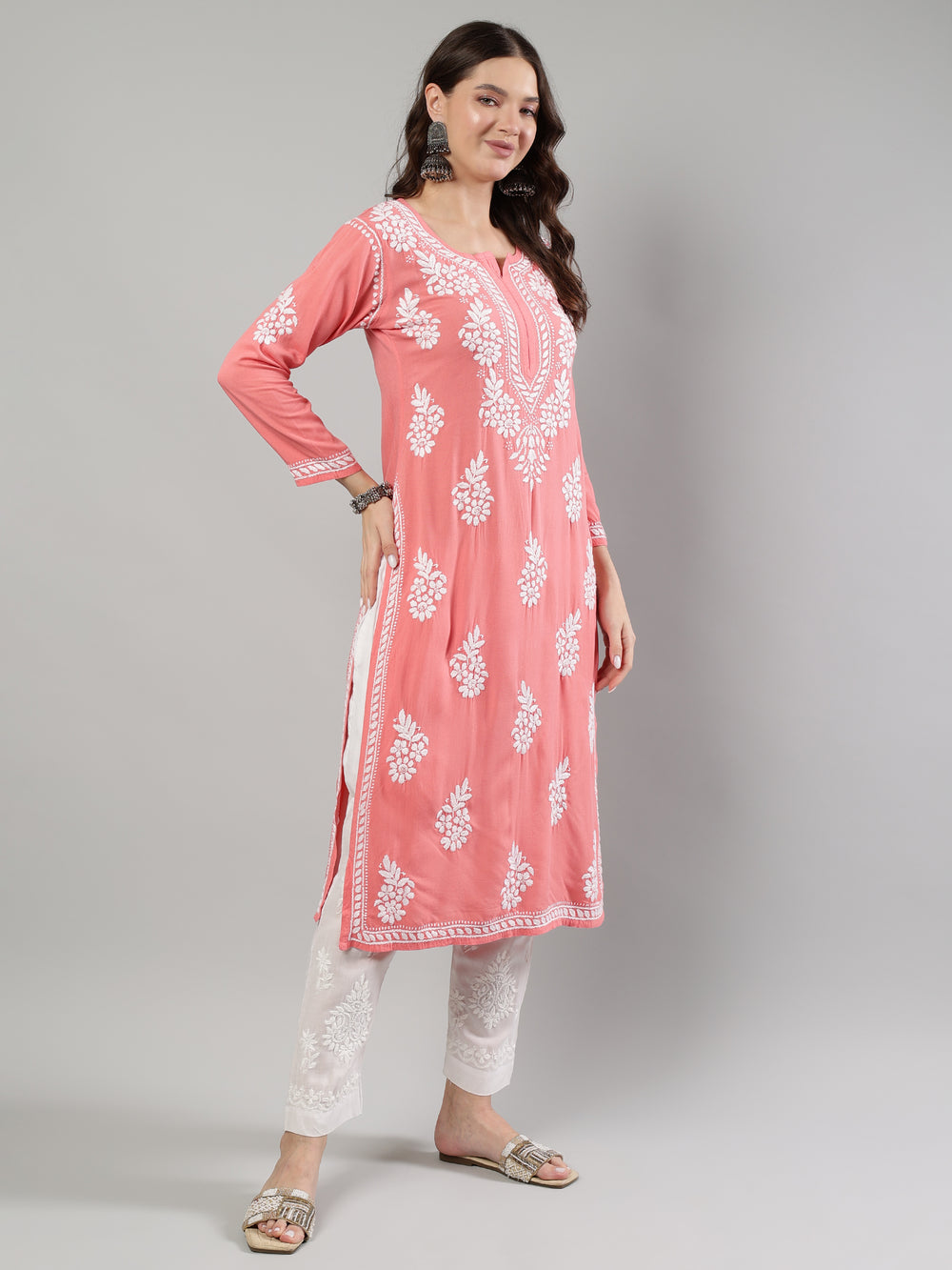 Peach-Rayon-Embroidered-Kurta