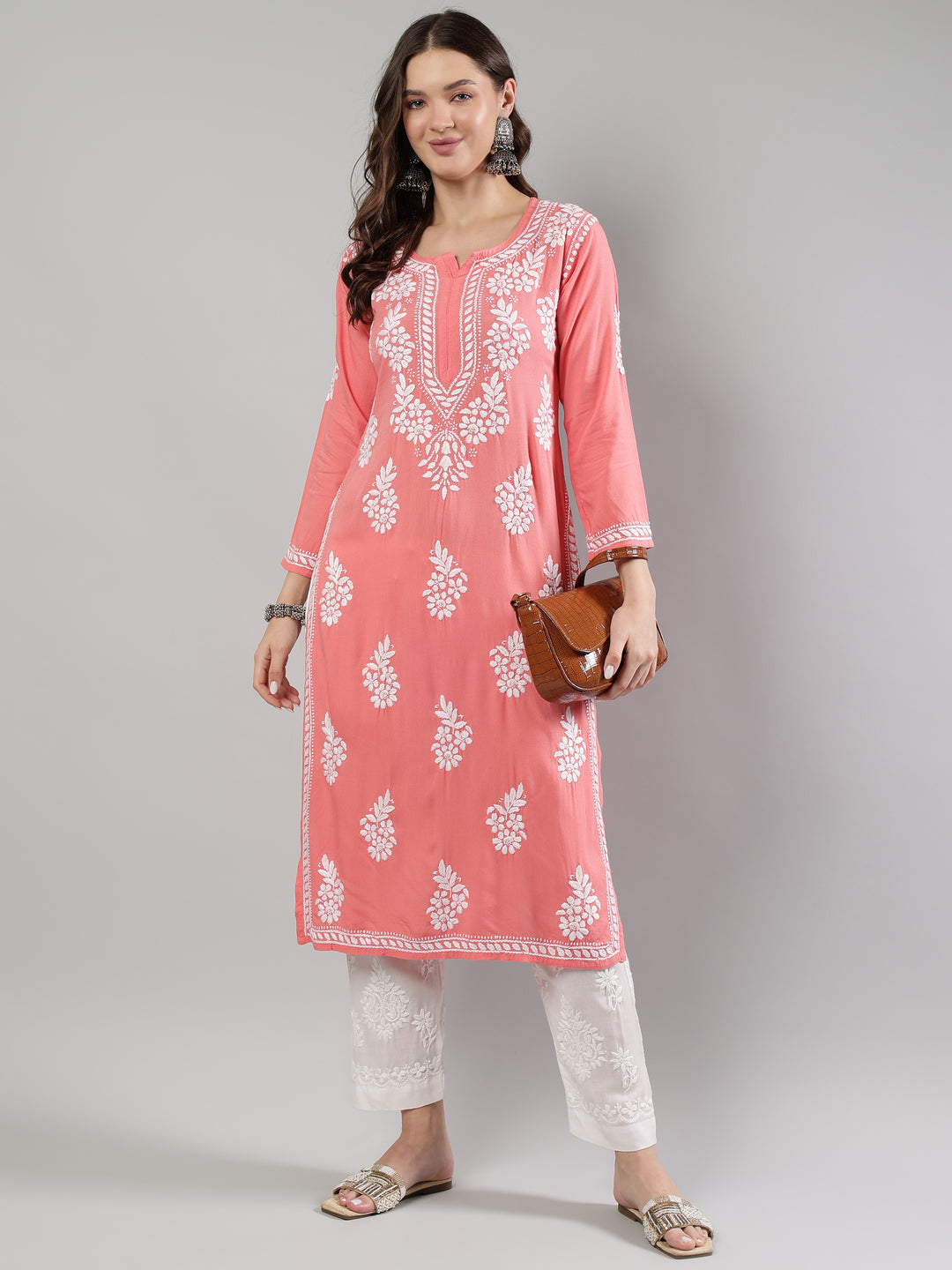 Peach-Rayon-Embroidered-Kurta