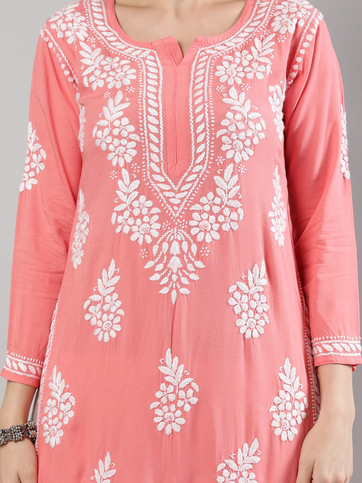 Peach-Rayon-Embroidered-Kurta
