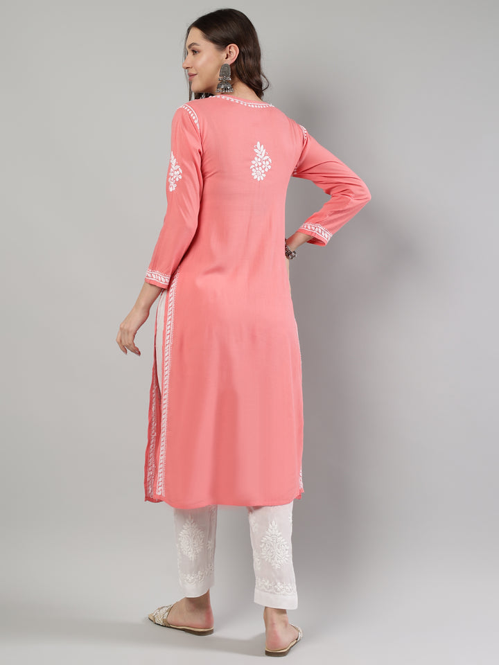 Peach-Rayon-Embroidered-Kurta