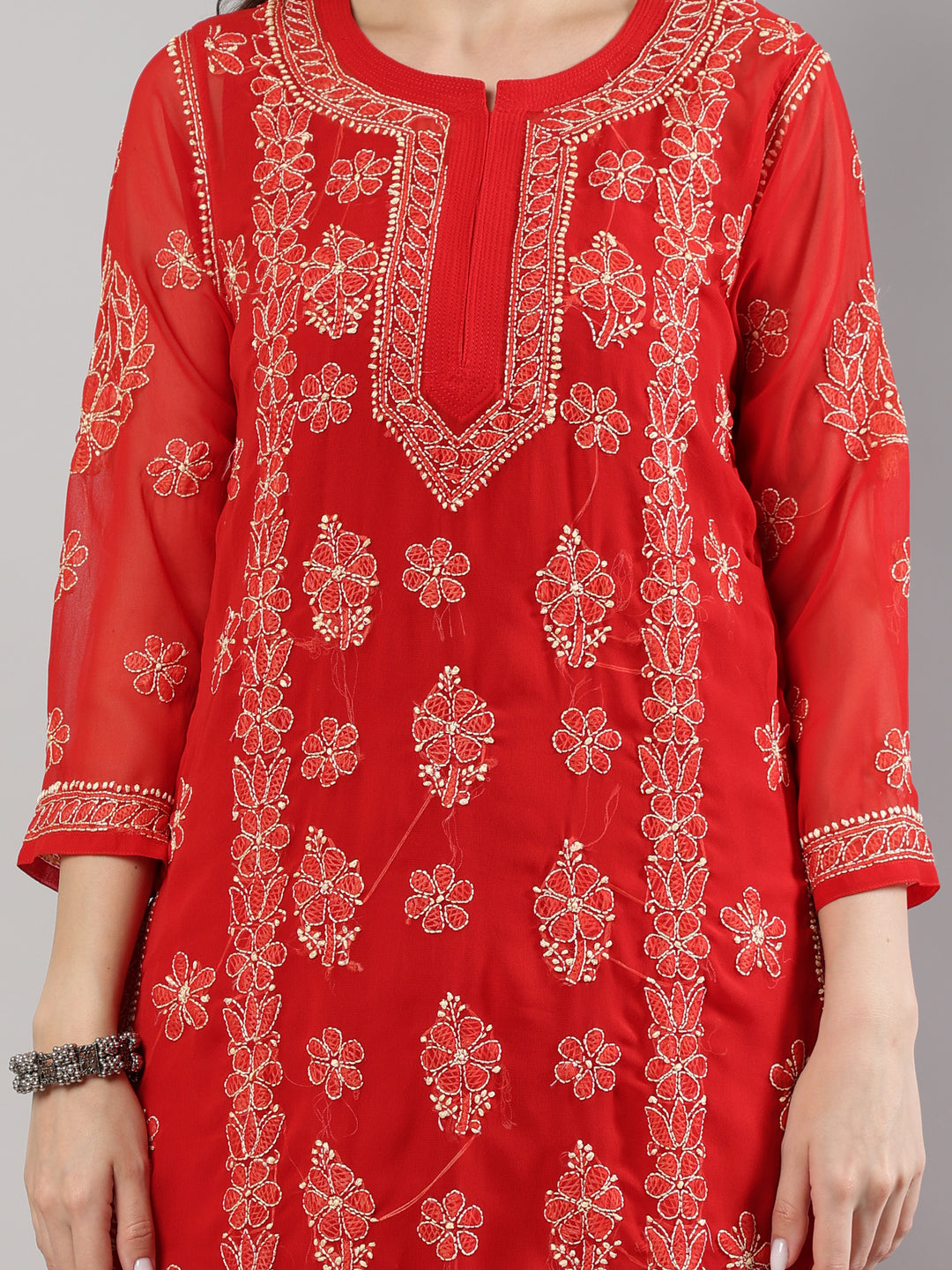 Red-And-Beige-Georgette-Lucknowi-Chikankari--Kurta-With-Slip