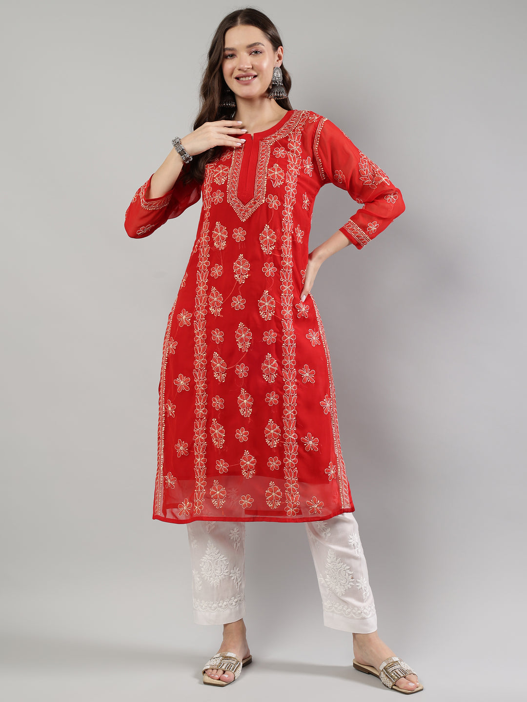 Red-And-Beige-Georgette-Lucknowi-Chikankari--Kurta-With-Slip