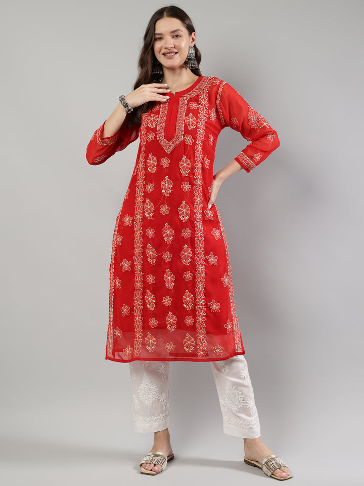 Red-And-Beige-Georgette-Lucknowi-Chikankari--Kurta-With-Slip