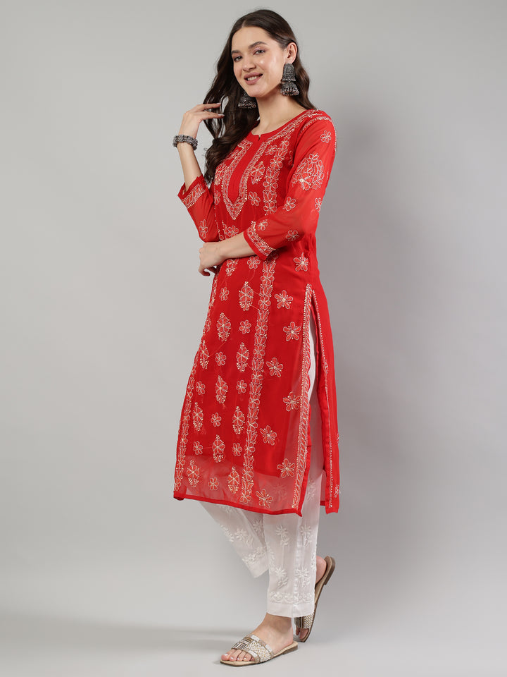 Red-And-Beige-Georgette-Lucknowi-Chikankari--Kurta-With-Slip
