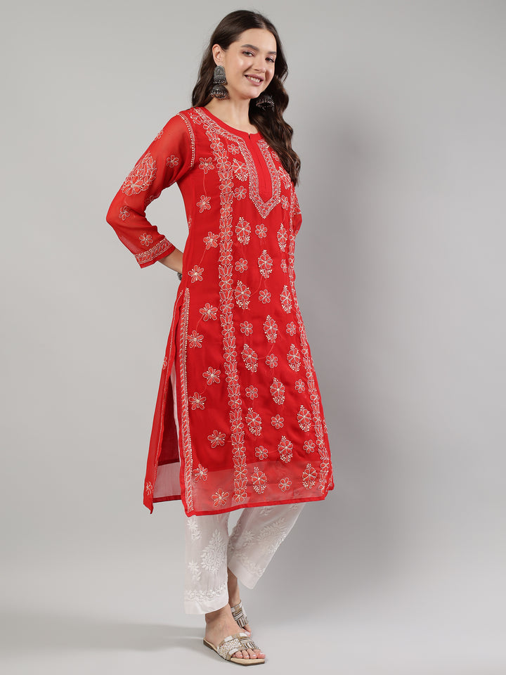 Red-And-Beige-Georgette-Lucknowi-Chikankari--Kurta-With-Slip