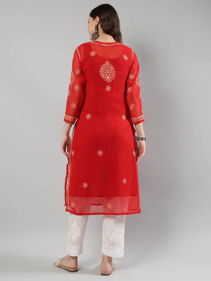 Red-And-Beige-Georgette-Lucknowi-Chikankari--Kurta-With-Slip