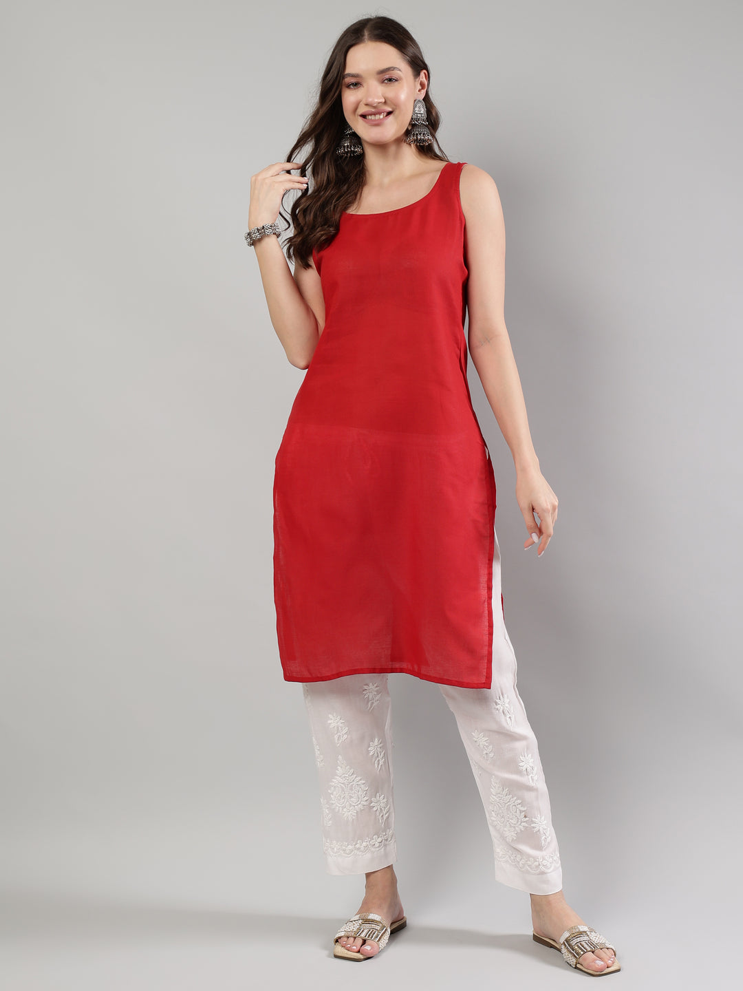 Red-And-Beige-Georgette-Lucknowi-Chikankari--Kurta-With-Slip