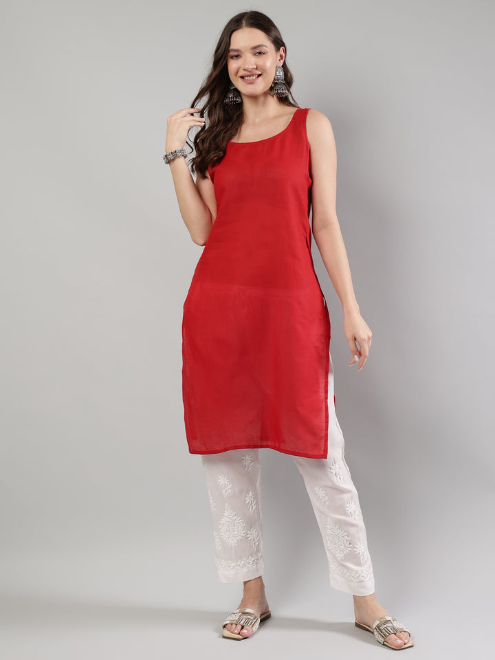 Red-And-Beige-Georgette-Lucknowi-Chikankari--Kurta-With-Slip