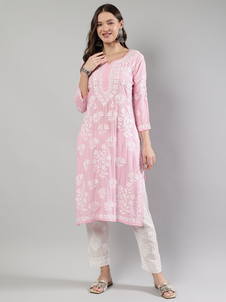 Pink-Modal-Hand-Embroidered-Chikankari-Kurta