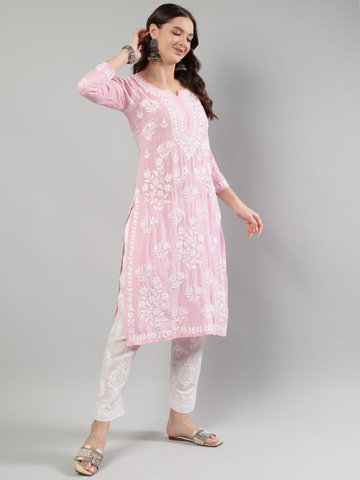 Pink-Modal-Hand-Embroidered-Chikankari-Kurta
