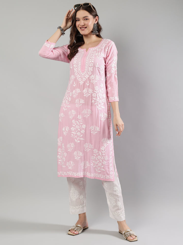 Pink-Modal-Hand-Embroidered-Chikankari-Kurta