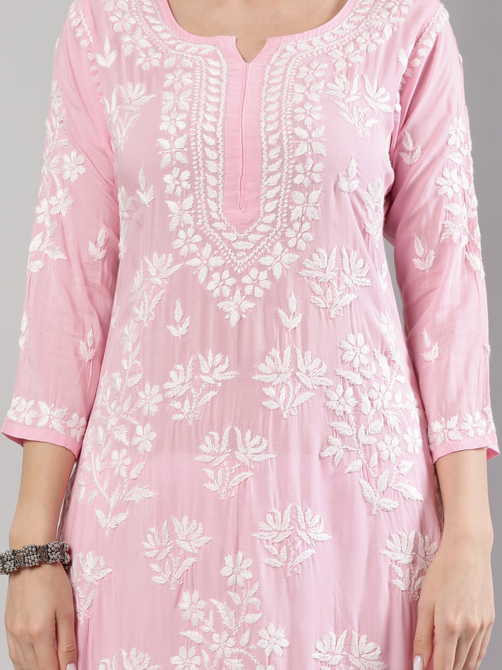 Pink-Modal-Hand-Embroidered-Chikankari-Kurta