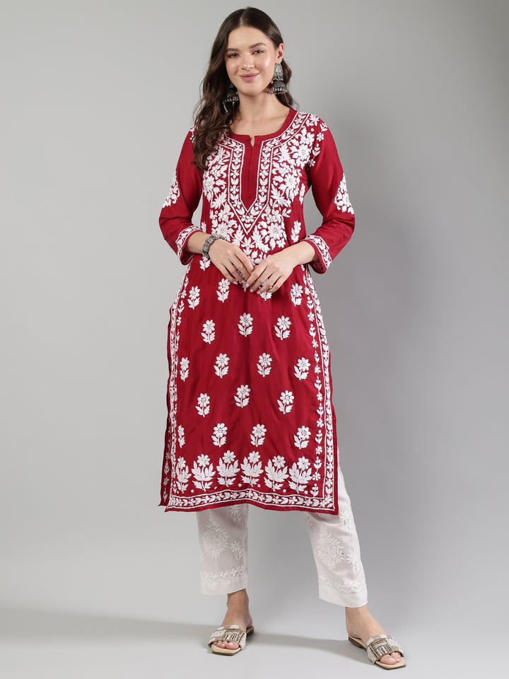 Maroon-Muslin-Hand-Embroidered-Kurta