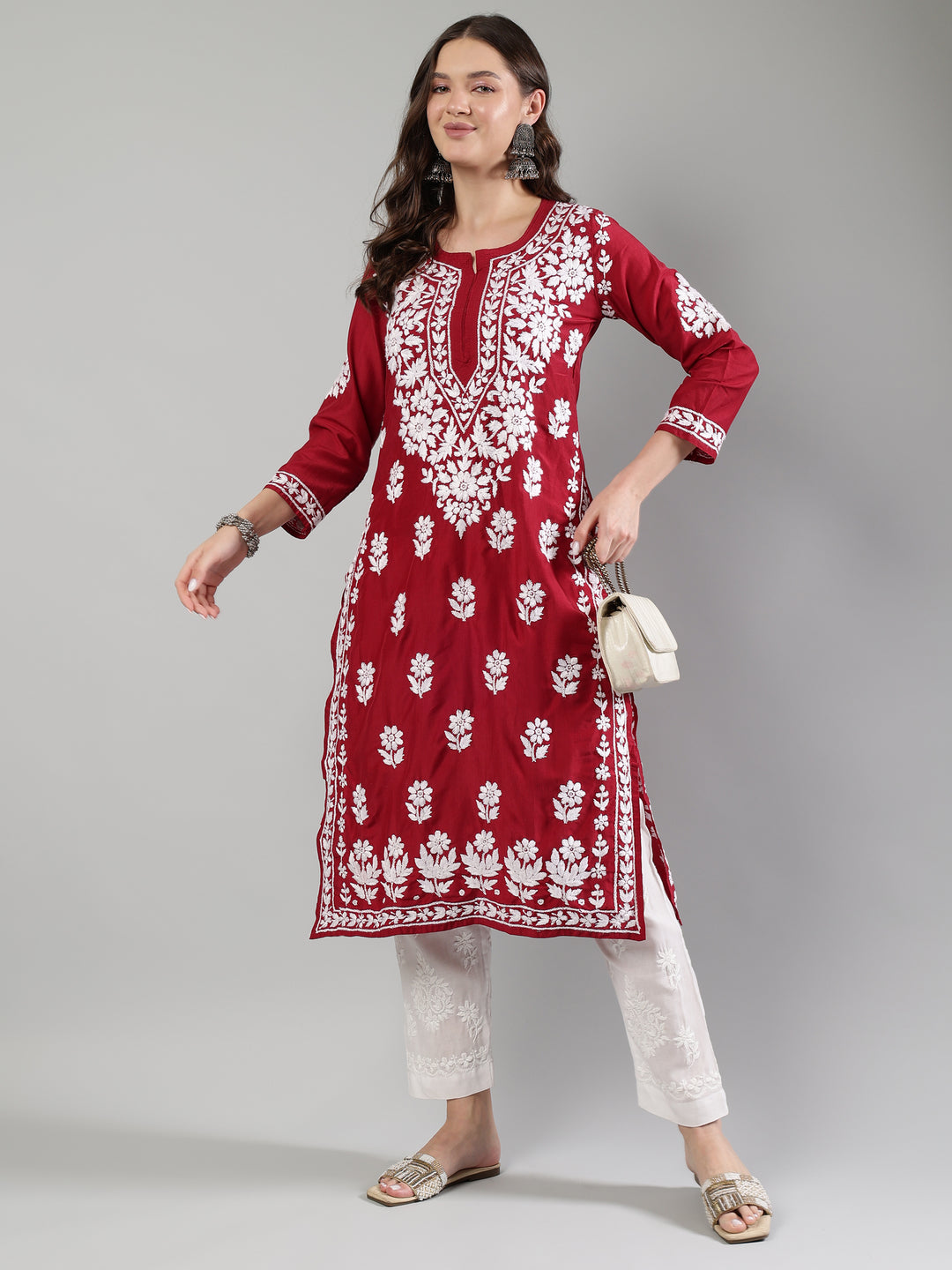 Maroon-Muslin-Hand-Embroidered-Kurta