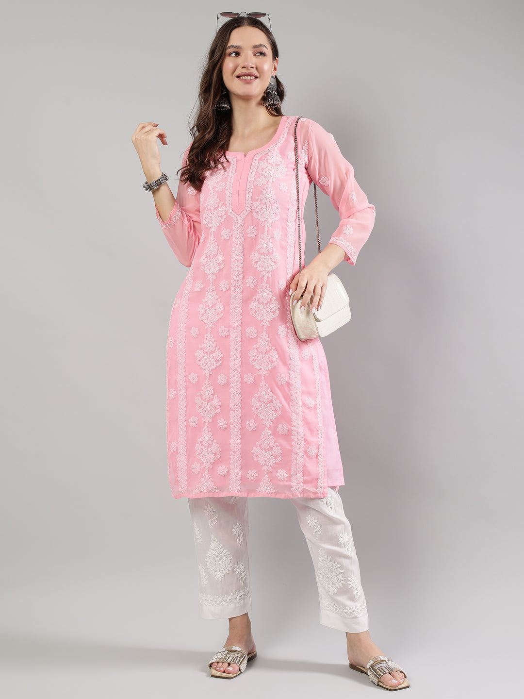 Pink-Georgette-Lucknowi-Chikankari--Kurta-With-Slip
