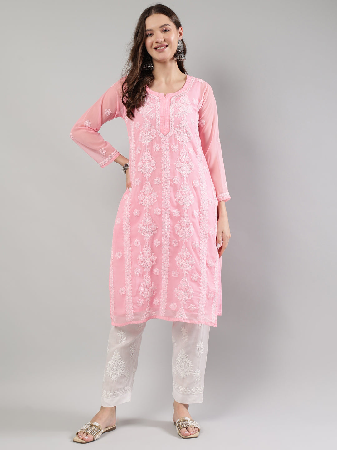 Pink-Georgette-Lucknowi-Chikankari--Kurta-With-Slip