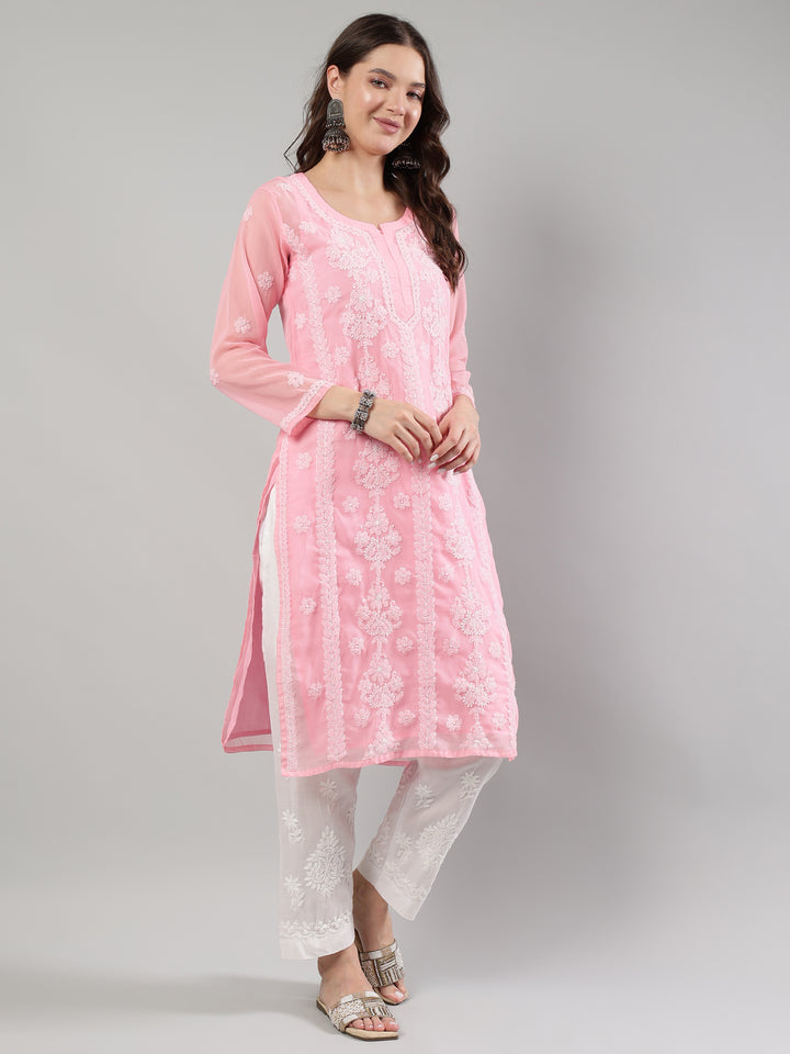Pink-Georgette-Lucknowi-Chikankari--Kurta-With-Slip