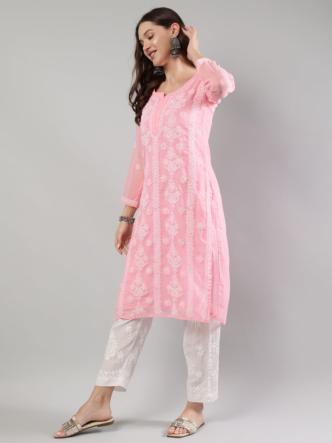 Pink-Georgette-Lucknowi-Chikankari--Kurta-With-Slip