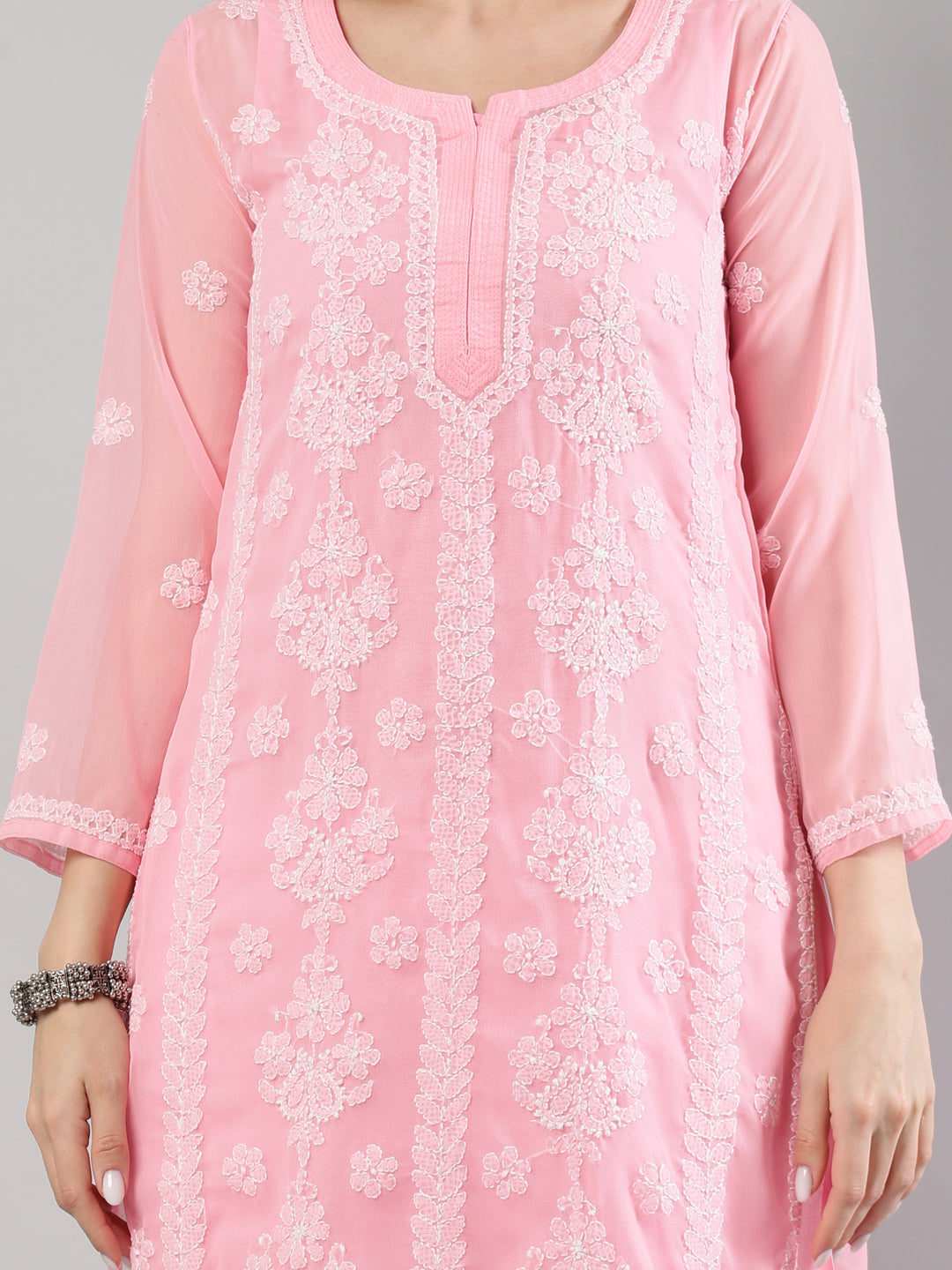 Pink-Georgette-Lucknowi-Chikankari--Kurta-With-Slip