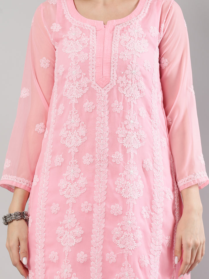 Pink-Georgette-Lucknowi-Chikankari--Kurta-With-Slip