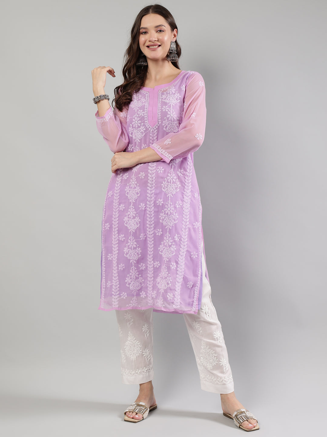 Mauve-Georgette-Lucknowi-Chikankari-Kurta-With-Slip