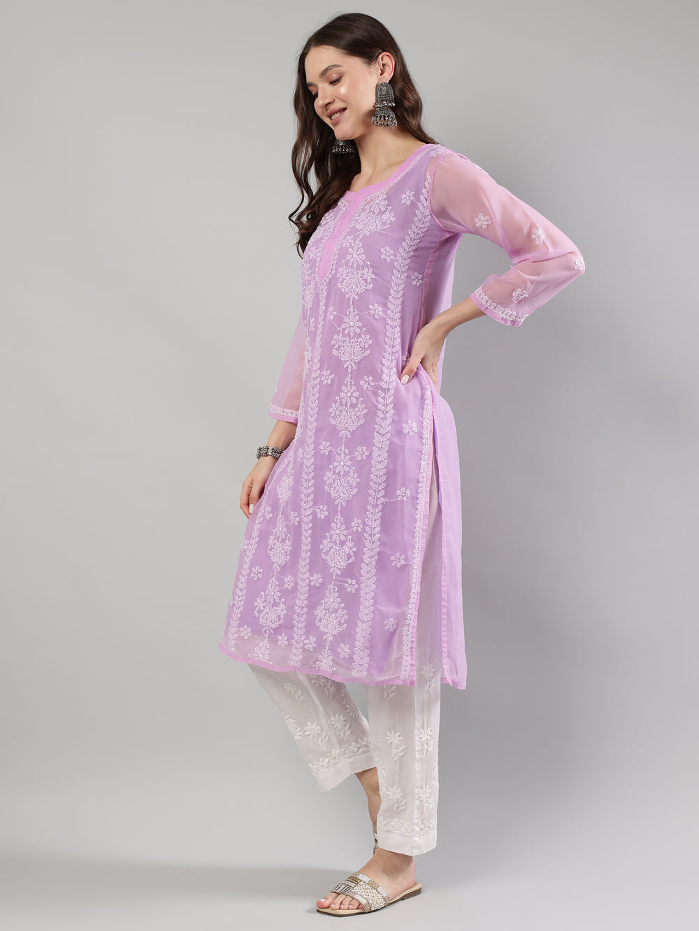 Mauve-Georgette-Lucknowi-Chikankari-Kurta-With-Slip