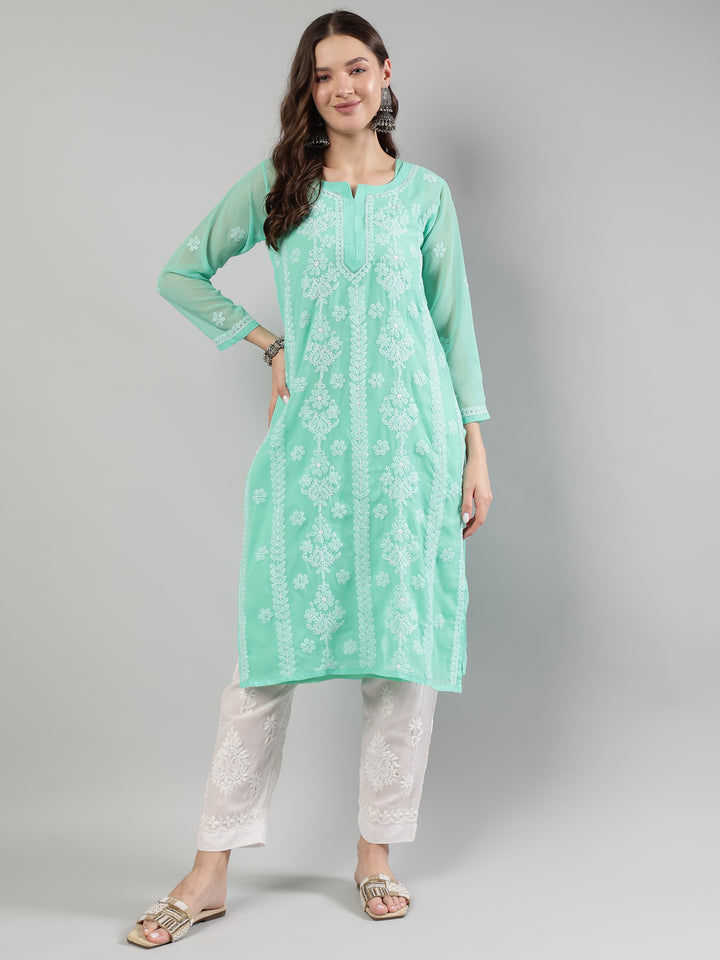 Sea-Green-Georgette-Chikankari-Kurta-With-Slip