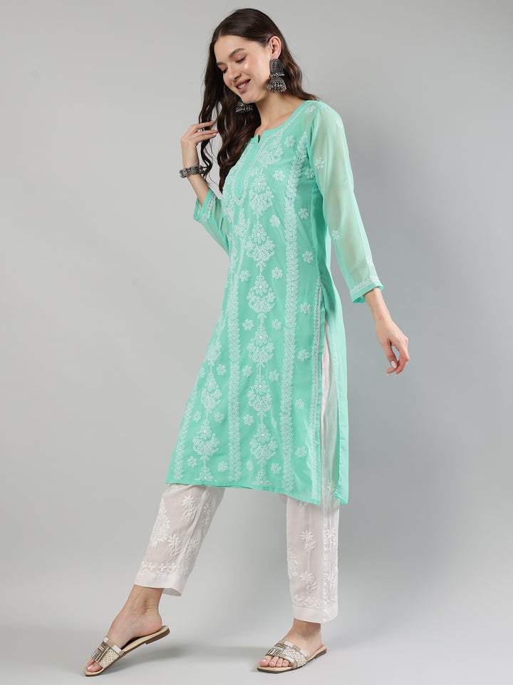 Sea-Green-Georgette-Chikankari-Kurta-With-Slip