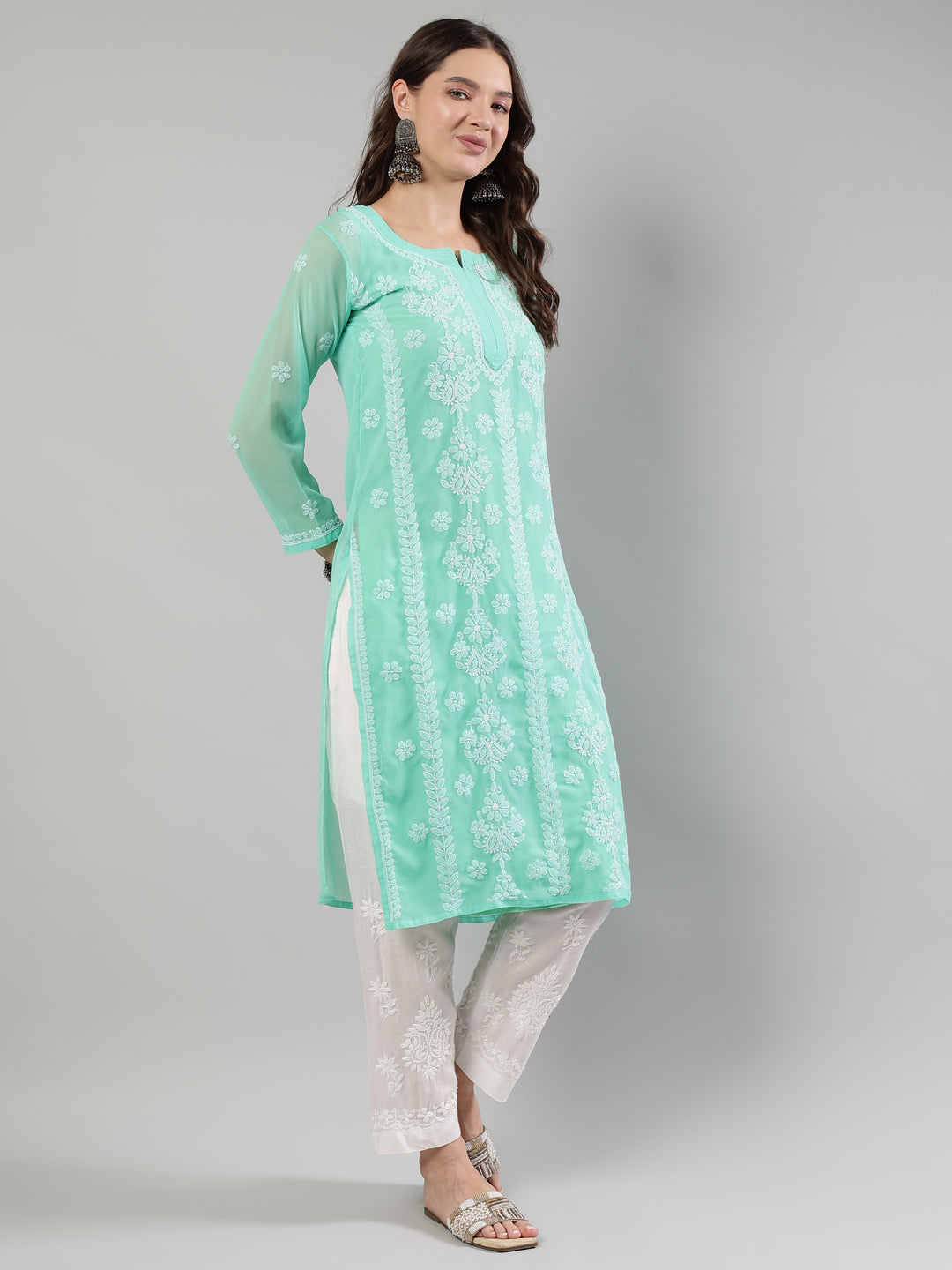 Sea-Green-Georgette-Chikankari-Kurta-With-Slip