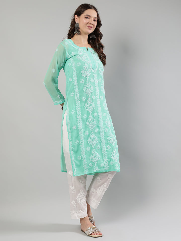 Sea-Green-Georgette-Chikankari-Kurta-With-Slip